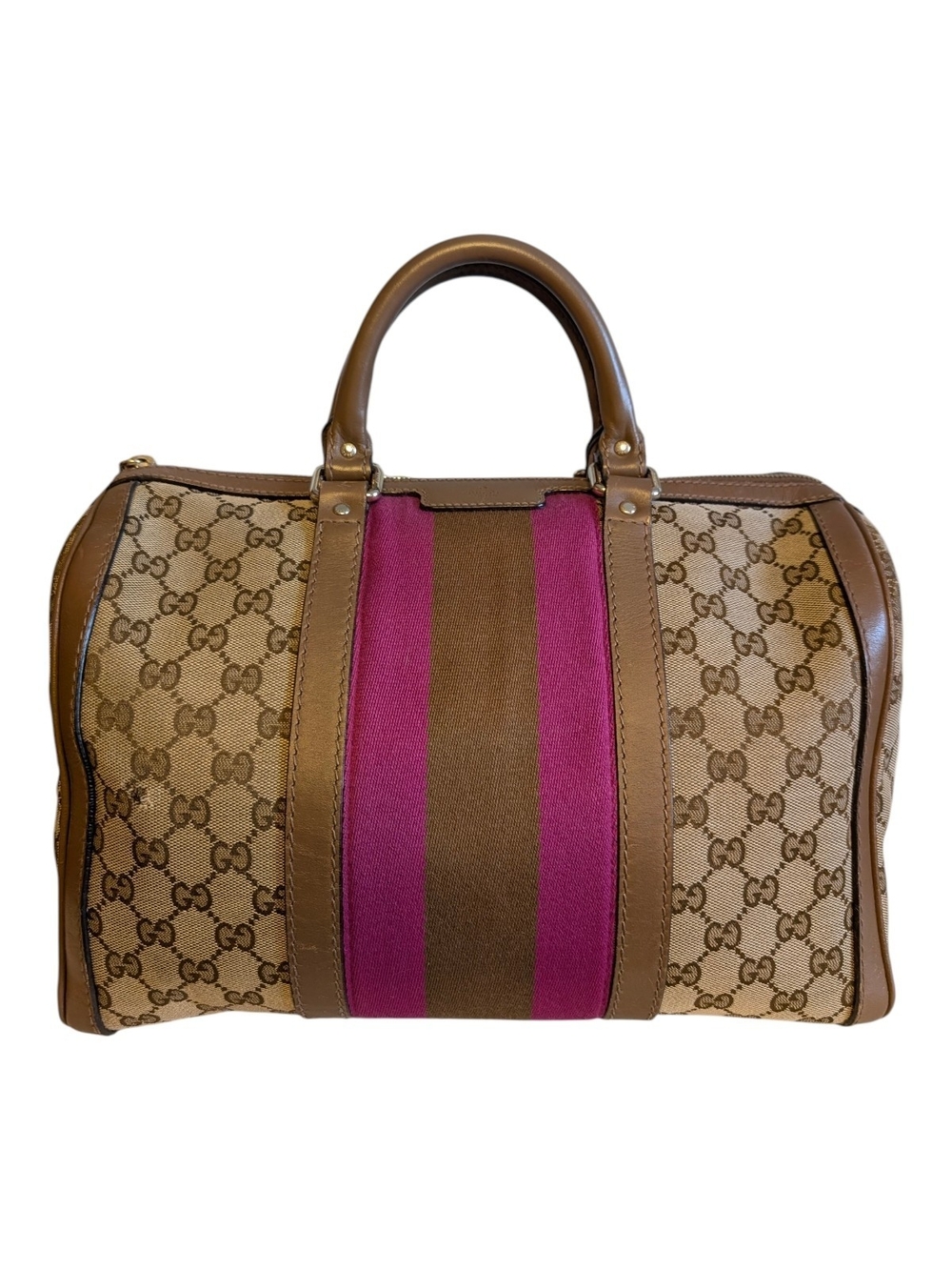 Gucci Vintage Pink & Brown Web Joy GG Monogram Canvas Boston Bag - VGUC!